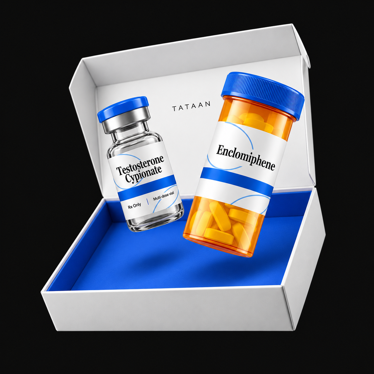 White TATAAN presentation box with blue interior and floating testosterone vial and enclomiphene bottle